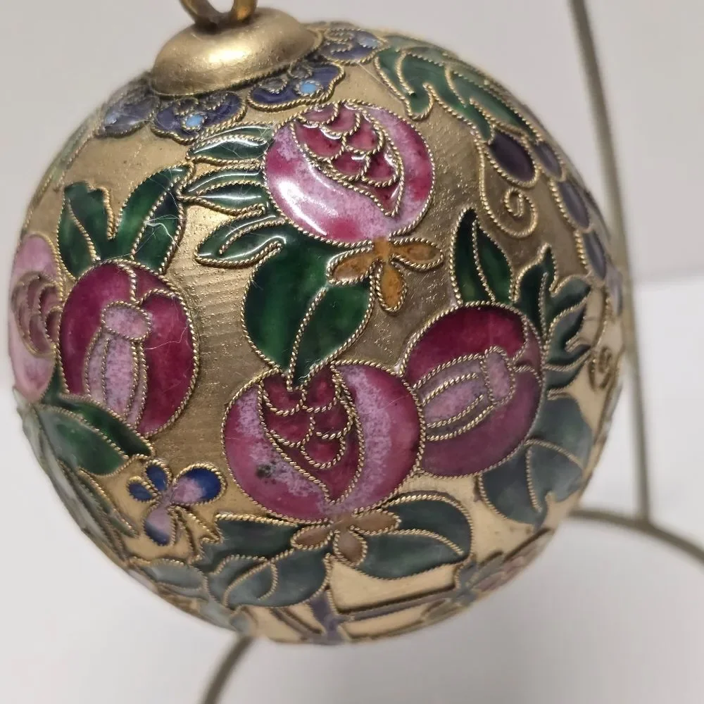 Vintage Floral Cloisonne Enameled Gold Ball Ornament With Stand Christmas Decor